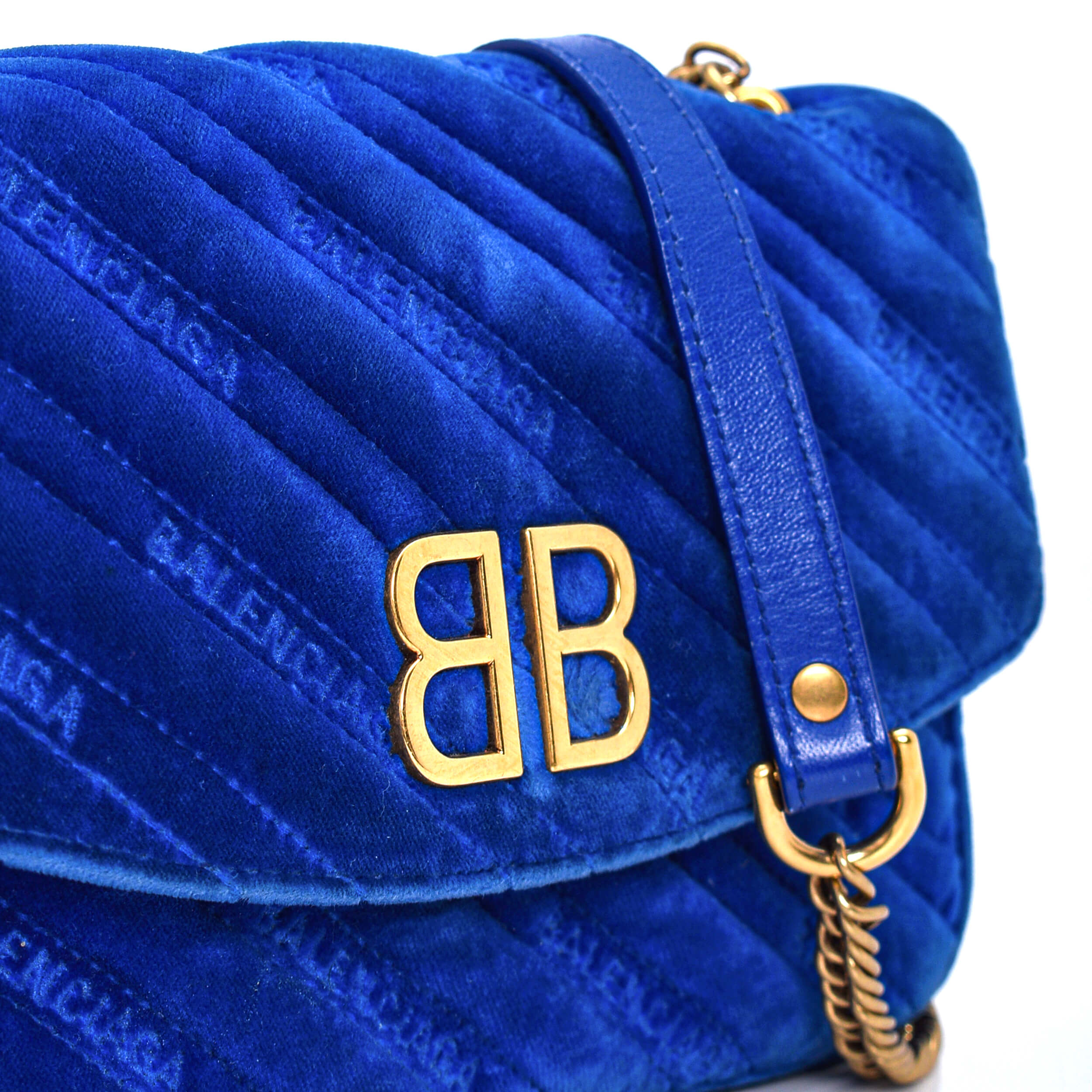 Balenciaga - Blue Velvet BB Logo Chain Strap Crossbody Bag